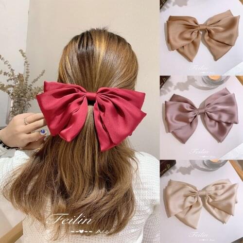 New Soft Solid Color Bow Barrette Girls Big Size Satin Bowknot Hair Clips Fashion Temperament Hairpin Headwear Hair Accessories