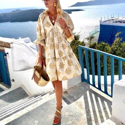 Summer Women Casual Loose Party Dress Elegant V-Neck Half Sleeve Ruffle Boho A-Line Dress Autumn Vintage Printed Lady Mini Dress