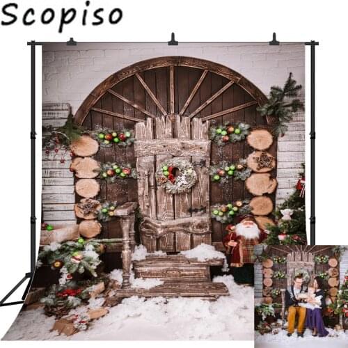 Scopiso Christmas backgrounds Vintage Wooden door Brick Wall Snow Child newborn party photo studio props photography backdrops
