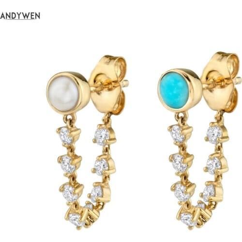 ANDYWEN 925 Sterling Silver Pearl Stud Chain Earring Crystal Clear CZ Earings Fashion Jewelry Cute Wedding Gift Accesorios