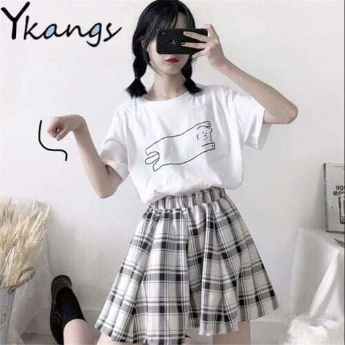 White Kitten Short Sleeve Loose T-Shirt+Black Plaid Mini Pleated Skirt Two Piece Set Summer New Sweet Cute Big Size Preppy Style