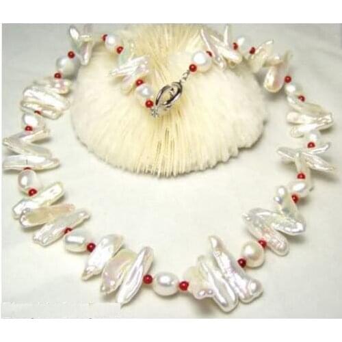 Surprising!Fashion jewelry White Biwa Pearl&Red Coral Necklace Earrings Fashion Jewelry Necklace Free Shipping Hot Sale