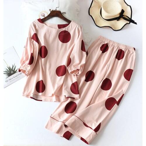 Ladies' Cotton Pajamas Summer Sets For Women Calf-Length Pants Suit Sleepwear Two Piece Set Home Wear Femme Underwear Pijamas