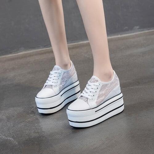 Lace High Platform Wedges 10cm Woman White Shoes for Women High Heels Platform Black Shoes Female New Lace Up Chunky Sneakers