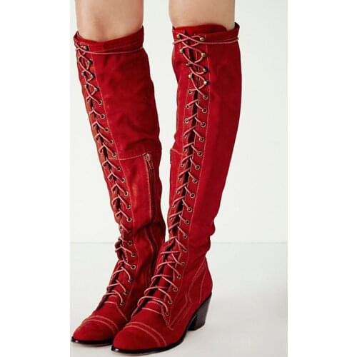 Sestito 2018 Women Solid New Real Leather Knee High Boots Female Square Heels Knight Boots Girls Lace-up Long Vintage Boots