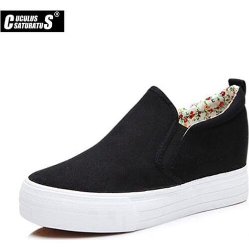 Cuculus 2020 Thick Sole Muffin Shoes Women Flat Platform Fashion Womens Flats Shoes Ladies Canvas Brand Shoes Black White 1118