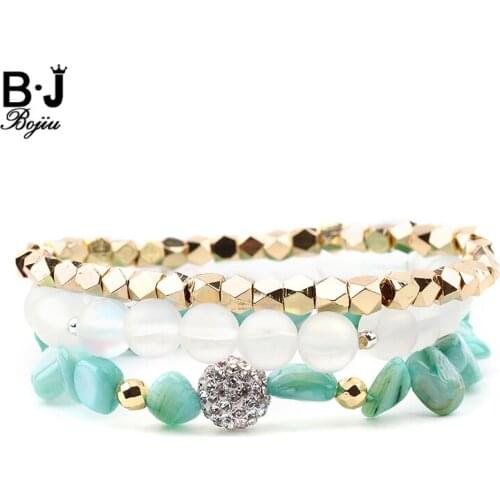 BOJIU 3 Pcs/Set Multilayer Women Bracelets Natural Irregular Stretch Shell Gold-color Copper Labradorite Bracelet Lady BCSET242