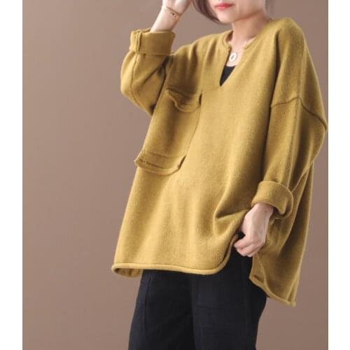 Female new autumn and winter korean style plus size literary small V-neck single-pocket primer casual sweater outerwear