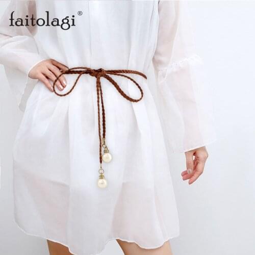 Summer Sweet Pearl Women Belt Hemp Rope Braid Ladies Dress Belts White Black Female Waistband ceinture femme