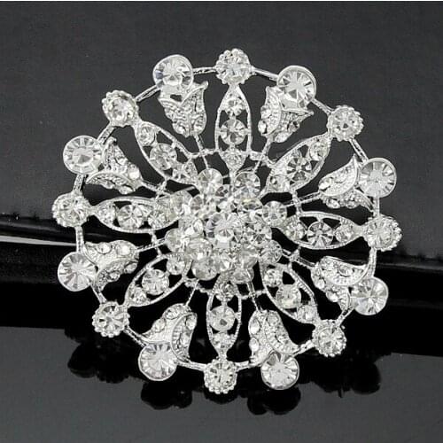 Vintage Rhodium Plated Stunninig Diamante Big Flower Brooch Hot Selling Zirconia Women Scarf Pins