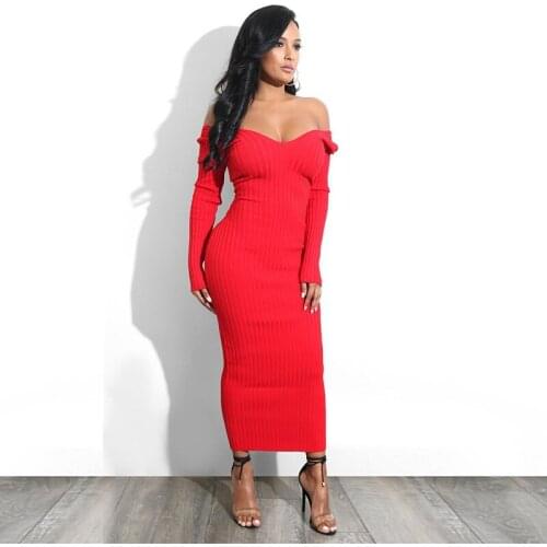 Autumn Winter Slim Knitted Bodycon Dress Women Stretchy Long Sleeve Deep V-neck Sexy Solid Color Fall Knit Winter Maxi Dresses