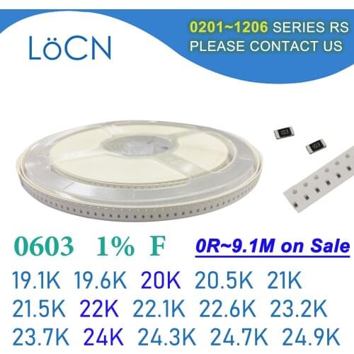 0603 1% 5000PCS SMD Resistor F 19.1K 19.6K 20K 20.5K 21K 21.5K 22K 22.1K 22.6K 23.2K 23.7K 24K 24.3K 24.7K 24.9K 1608 OHM