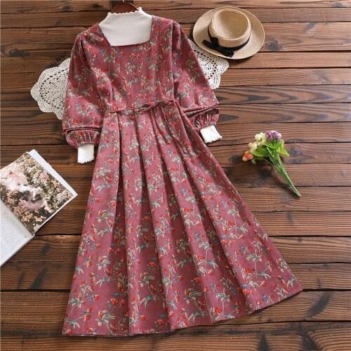 2 Colors Women Corduroy Long Floral Dress Spring Autumn 2021 Long Sleeve Boho Retro Elegant Casual Party Korean Runway Vestidos
