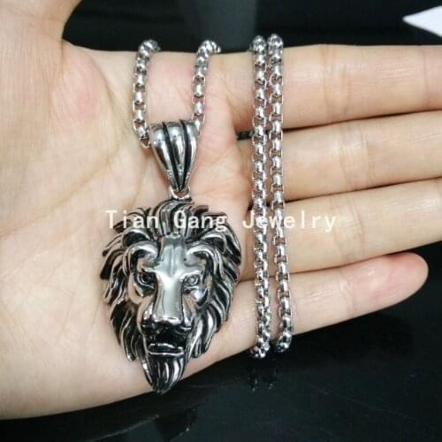 Bling Silver Color Lion Head pendant Charm necklace Wheat Chain-Mens Biker Pendant Chain Stainless Steel Jewelry