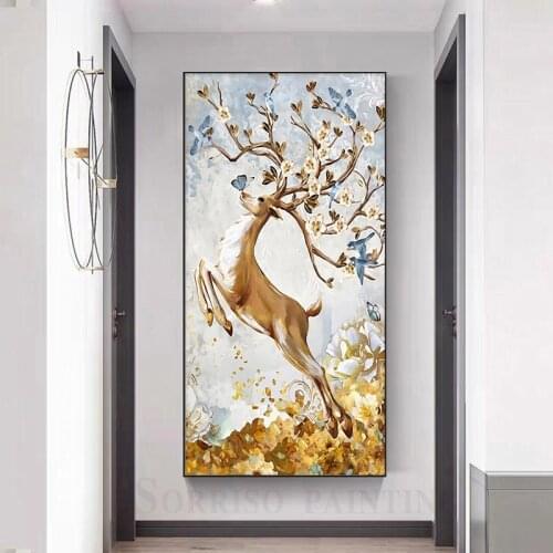 Fortune Deer Vertical Corridor Canvas Oil Painting Modern Wall Art Posters And Prints Pictures For Living Room Home Porch Decor