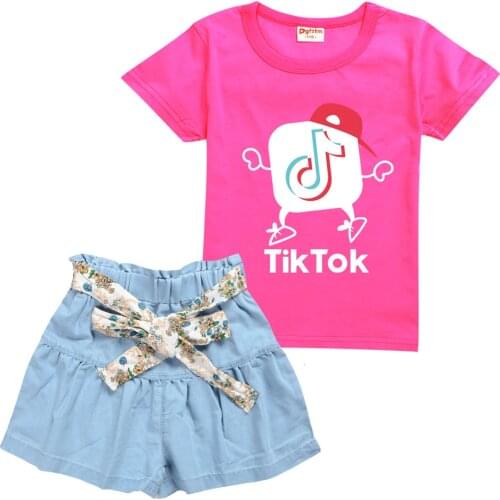 TIK TOK Summer cartoon girl cotton short sleeve T-shirt jeans skirt set for the childs birthday gift
