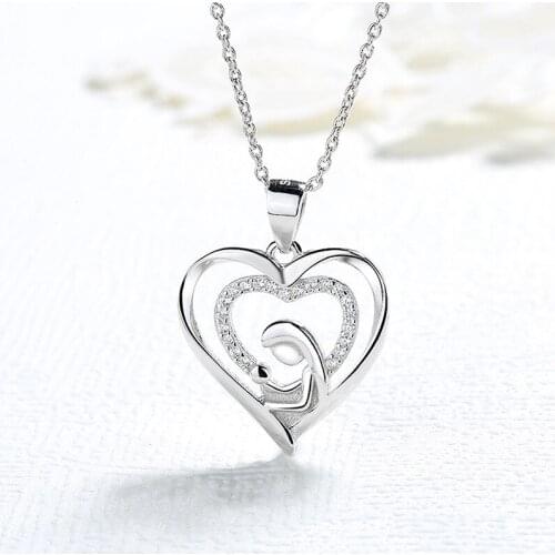 GU27 Sterling Silver 925 Mother and Child Love Heart Pendant Necklace for Women Silver Necklace
