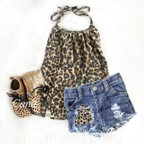 Newborn Kids Baby Girls Leopard Print Sleeveless Sling Tops Jeans Shorts Outfits Clothes Sets