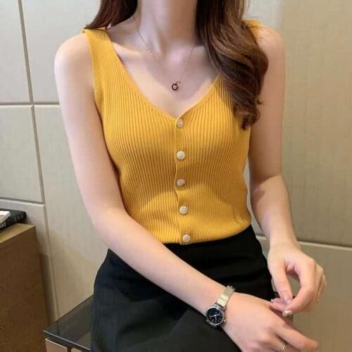 Summer Women Knit Vest Button Solid Elastic Sleeveless Tank Tops Casual Camisole