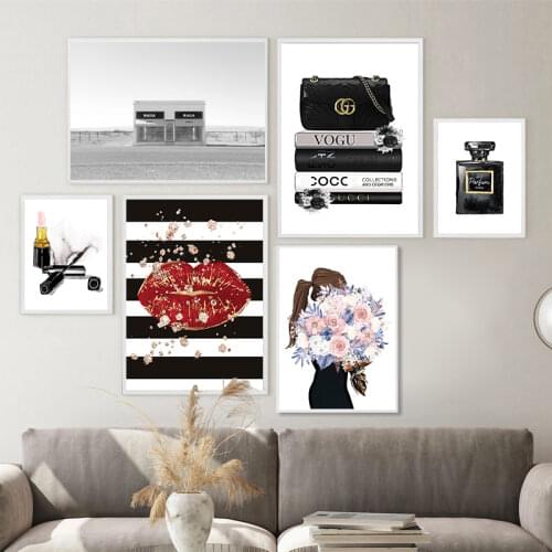 Fashion Girl Perfume High Heels Lipstick Posters and Prints Modern Makeup Wall Art Canvas Painting Pictures Girls Room Decor