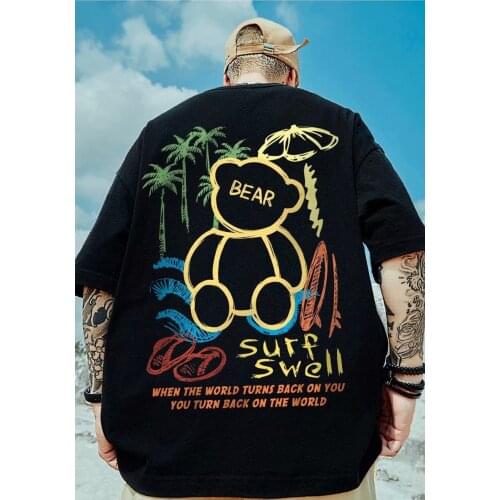 Summer Graffiti Bear Printed Short Sleeve Mens Ins Fashion Brand 1 New Loose Casual Half Sleeves Top Couple 8XL T-shirt