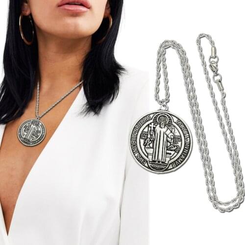 Women Earrings Necklace Set Saint St Coin Pendant Long Chain Benedict Nursia Medal Medalla San Benito Cross Pray Jewellery Set