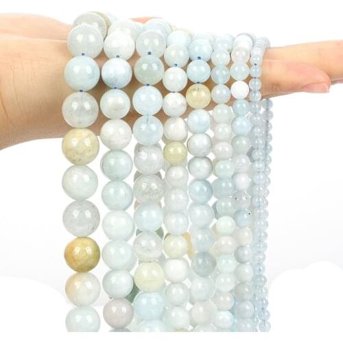 Natural Stone Aquamarine Round Loose Spacer Bead For Jewelry Making DIY Bracelet Necklace Charm Accessories Strand 4/6/8/10/12MM