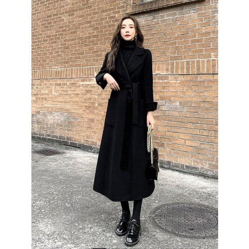 Autumn and Winter 2021 New Black Double-sided Cashmere Coat Womens Middle Long Temperament High-end Korean Loose Woolen Coat
