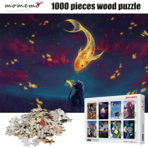 MOMEMO Cat and Fish Puzzle 1000 Pieces Wooden Jigsaws Puzzle Cartoon Landscape Adult Childrens Educational Gift Toy Box Packing