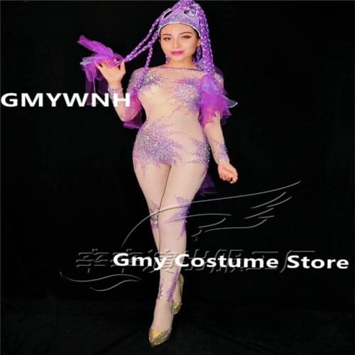 R94 Women pole dance costumes prom sexy purple bodysuit gogo rhinestone jumpsuit dj outfits performance dress clothe bar wears