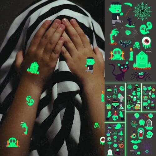 Luminous Waterproof Temporary Tattoo Sticker Halloween Spider Undead Zombie Night Glowing Tatto Woman Man Body Art 3D Fake Tatoo