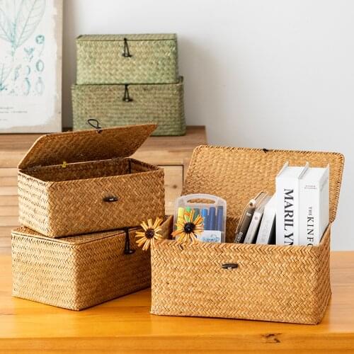 Woven Seaweed Storage Baskets Simple Durable Storage Box With Lid Household Organize Box Seaweed Hand-woven Laundry Baskets