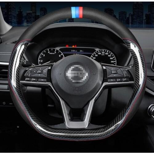 Carbon Fiber Cow Leather Steering Wheel Cover For Nissan Almera X Trail Grand Livina Navara Serena TIIDA KICKS March 2017 2018