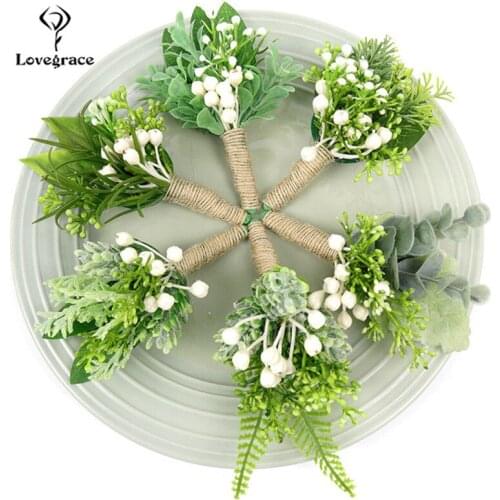 Green Fake Plant Men Boutonniere Wedding Corsage Wrist Corsage Bracelet Bridesmaids Flower Wedding Brooch Groom Boutonniere Pin