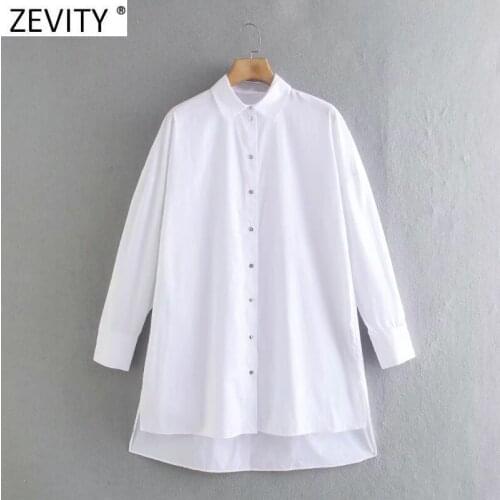Zevity New Women Simply Breasted White Poplin Shirts Office Lady Side Split Hem Irregular Blouse Roupas Chic Chemise Tops LS9108