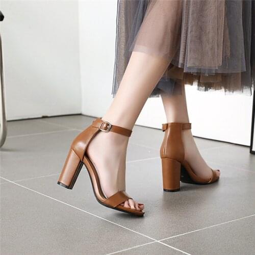 YQBTDL New Arrival 2020 Concise Ankle Strap Block High Heel Sandals Brown Black Summer Womans Shoes Square Heels Sandal 34-43