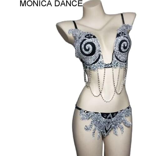 Women Sexy Stage Silver Rhinestone Pearl Chain Bra Short Summer Bikini Set Prom Dancer Celebrate Outfit Birthday Outfit Set