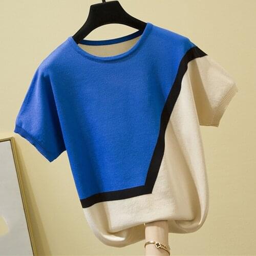 2021 Knitted Jumpers Womens Sweater Fashion Batwing Sleeve O-Neck Sweater Mujer Contrast Color Short Sleeve Pullover Top Female