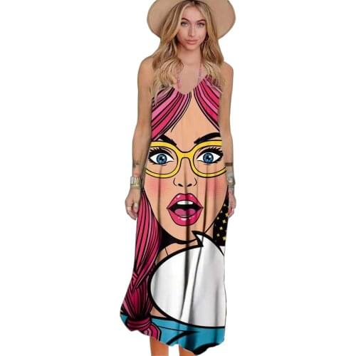 Summer Women Dress Streetwear Art Print Long Dress Casual Loose Ladies Clothing Vintage Sleeveless V-Neck Sexy Dresses Vestidos