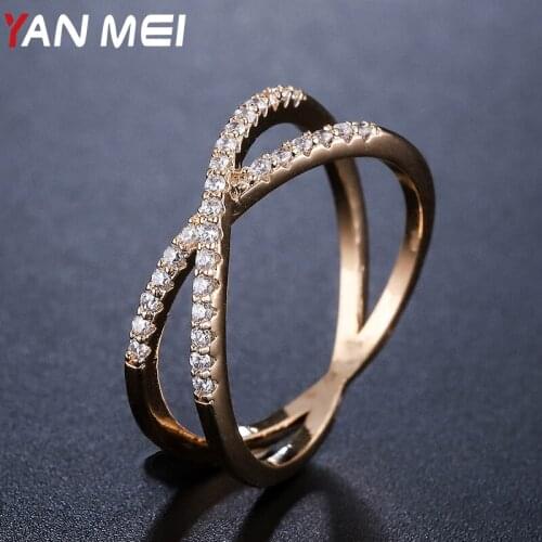YANMEI Double Circle Finger Rings For Women Simple Geometric Overlapping Cross Ring CZ Wedding Engagement Jewelry YMJ1845