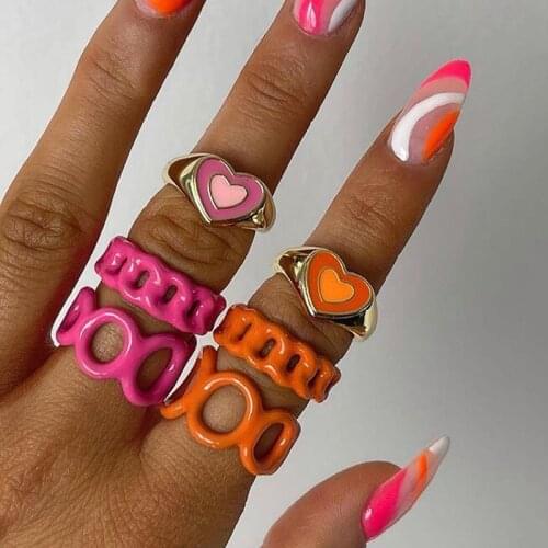 Colorful Pink Heart Ring Set Y2K Candy Color Ring Wholesale Jewelry Hand-painted Knuckle Rings for Women Ins 2021 New Trendy