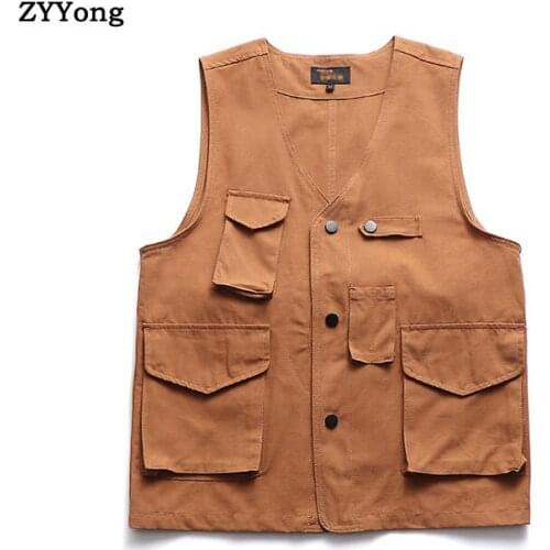 Cotton Cargo Vest Men Fashion Casual Multi-Pocket Photography Sleeveless Jacket Streetwear Loose Gilet Coat Waistcoats Clothing