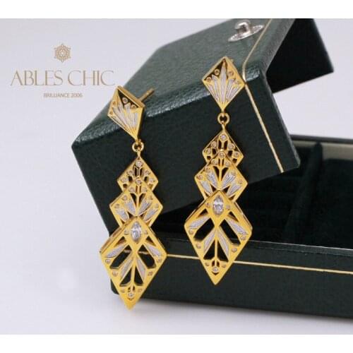 18K Gold Plated Solid Silver Rhombus Bezel Set Zircon Vivid Geometric Pendant Earrings Long Polished Drop Studs Wedding Jewely