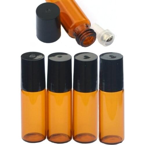 5Pcs 5ml Amber Glass Bottles Stainless Steel Roller Ball for Essential Oil Perfume Roll On Vial