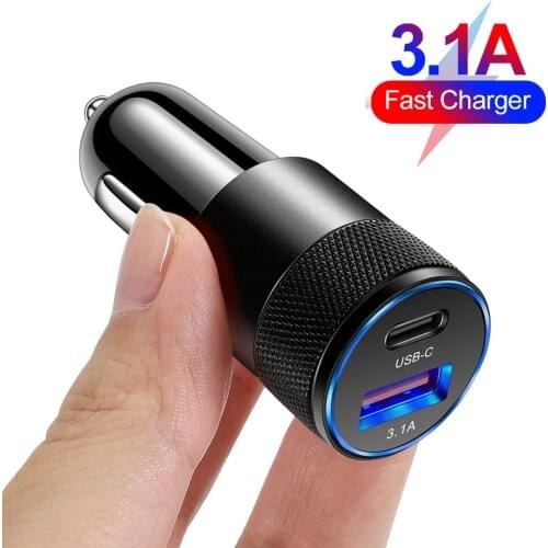 3.1A USB Car Charger PD QC 3.0 Dual USB Quick Charge Max 18w For iPhone 12 Pro Samsung Huawei Xiaomi USB-C PD Fast Charging