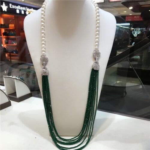 Hot sell 9 -10 mm white freshwater pearl necklace green beads multilayer long sweater chain fashion jewelry 32inches