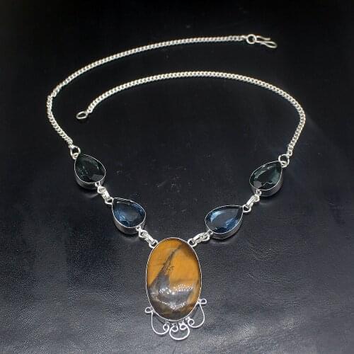 Hermosa Jewelry Gold Tigers Eye BlueTopaz Silver Color Women Ladies Gifts Pendant Necklace Chain 46cm 20213447