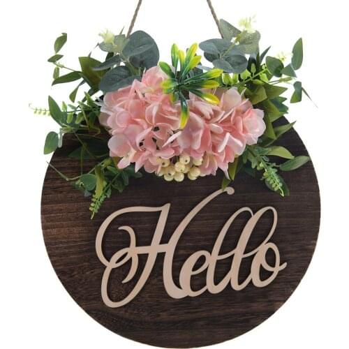 Artificial Hydrangea Flower Door Hanging Wooden Wreath Welcome Sign Country Farmhouse Tag Pendant Home Decoration