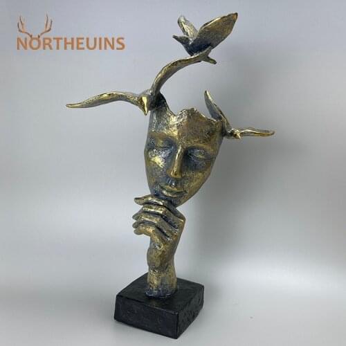 NORTHEUINS 34cm Resin Abstract Thinker Mask Figurines Creative Bird Figure Statue Home Office Desktop Decorative Sculptures Gift