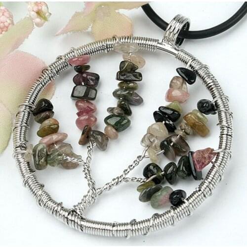 Trendy-beads Silver Plated Tourmaline Stone Wire Winding Tree of Life Round Pendant Fashion Jewelry